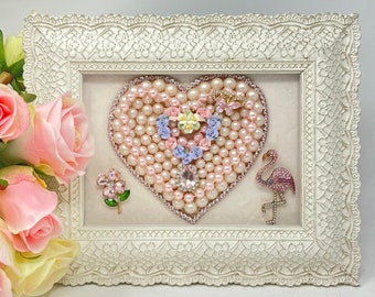 Jeweled Heart: Framed Jewelry Art - Ivory Light Pink with Flamingo - Unique Valentine's Day, Anniversary, Birthday Gift - Handmade with Love
