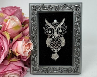 Vintage 1980's Big Silver Tone Articulated Hinged Owl Pendant in Pewter Frame - Unique Gift, Free US Shipping - Handmade Collectors Item