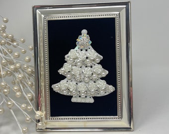 Jeweled Christmas Tree Ornament, Framed Jewelry Art Christmas Tree, Detailed Rhinestone, Silver, Christmas Decor, Luxe Decor, Beautiful
