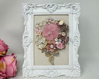 Handmade Jewelry Art: Stunning Bouquet in Ornate Frame for Gifts & Home Decor - Free Shipping and Customizable Frames - Shop Now!