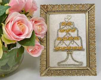 Jewelry Art Framed, Jeweled Wedding Cake, Jeweled Birthday Cake, Ivory Velvet, Hearts, Gold Vintage Frame, Lovely