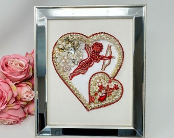 Cupid's Love: Framed Jewelry Art - Gold Hearts Cherub Angel - Valentines Gift - Handmade - Arte de Bijoux By Eleni