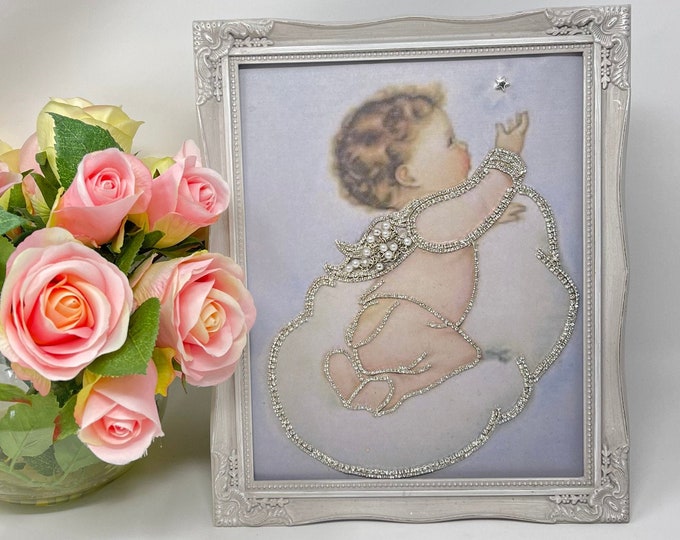 Jeweled Vintage Baby Boy Angel on Cloud/ Reaching for the Star, Framed