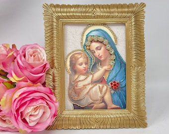 Handmade Velvet Framed Jewelry Art - Blessed Virgin Mary with Baby Jesus Icon - Unique Christian Home Decor - Perfect Christmas Gift