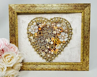 Jeweled Heart Art: Heart of Gold - Stunning Gift for Special Occasions - Handmade, Unique, and One-of-a-Kind - Free Shipping to the US