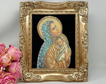 Jeweled Virgin Mary with Baby Jesus, Blessed Framed Jewelry Art Virgin Mary Looking Up Praying Mother Mary with Christ, Our Lady of God