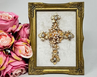 Handmade Ivory and Gold Cross with Swarovski Crystals - Unique Christian Home Decor Gift - Free US Shipping - Customizable Frame