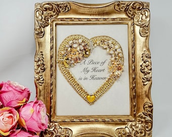 Vintage Jewelry Art: 'A Piece of My Heart is in Heaven' Memorial Sympathy Gift, Ivory Gold Heart, Unique Remembrance Artwork for Loved Ones