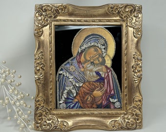 Blessed Virgin Mary with Baby Jesus Jeweled Icon - Spiritual Gift, Greek Orthodox Icon Mother of God Religious Home Decor