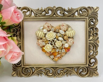Framed Jewelry Art Heart/ Jeweled Heart/ Gift for Mom/ Birthday Gift / I Love You Gift/ Thank You Gift/ Amber Gold Ivory/ Stunning