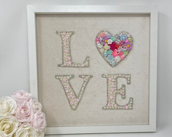 Unique Handcrafted Jeweled Love Word Art: Perfect Birthday & Valentine Gift, Inspiring Home Decor, Framed Jewelry Art for Her