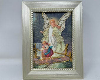 Guardian Angel Watching Children Angel of God Loving Gift Art Jeweled Angel Gorgeous Framed Guardian Jewelry Art Framed Baptism Pretty Gift