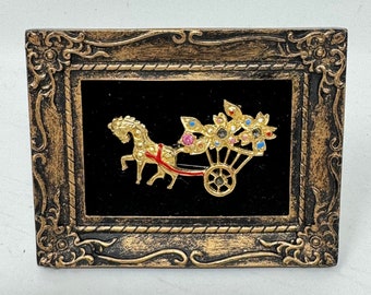 Vintage Donkey with Cart & Rhinestone Flowers Brooch in Miniature Gold Frame - Unique Display Piece for Home Decor and Gift Giving