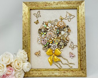 Exquisite Vintage Flower Bouquet with Butterflies - Framed Jewelry Art Unique Gift for Mother's Day, Birthdays, Anniversaries Free Shipping