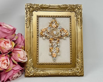 Unique Handmade Gold Ivory Cross with Contemporary Jewelry & Swarovski Crystals - Elegant Faith Decor for Home and Special Gifts