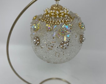 Jeweled Keepsake Ornament, Christmas Jewelry Art, Christmas Tree Ornament, White, Gold and AB Rhinestones, Elegant