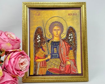 Handmade Jeweled Archangel Michael Icon in Gold Frame - Greek Orthodox Christian Gift - Symbol of Faith - Unique Handcrafted Art