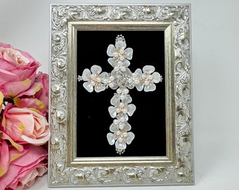 Handmade Christian Cross Jewelry Art - Unique Baptism, Godchild, Confirmation Gift with Vintage Costume Jewelry and Swarovski Crystals