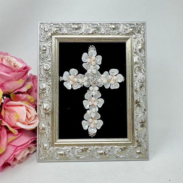 Handmade Christian Cross Jewelry Art - Unique Baptism, Godchild, Confirmation Gift with Vintage Costume Jewelry and Swarovski Crystals