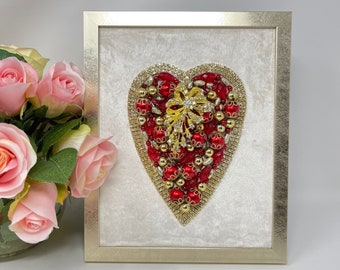 Framed Jewelry Art Heart/ Jeweled Heart/ Anniversary Gift/Birthday Gift /Valentine Gift/I Love You Gift/ Thank You Gift/ Red Gold/Exquisite