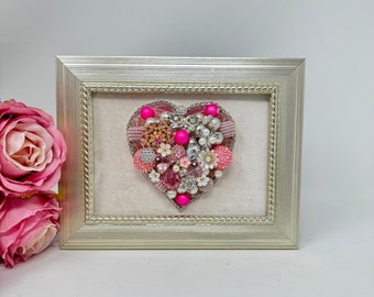 Handmade Jeweled Heart Framed Jewelry Art Pink Ivory Silver Jeweled Gift Decor Framed with Love - Unique One-of-a-Kind Piece