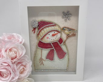 Jeweled Snowman With Bird, Framed Jewelry Art, Snowman Collector, Rhinestones, Home Decor, White Shadow Box, Adorable