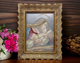 Handcrafted Blessed Virgin Mary & Baby Jesus Jeweled Art - Unique Religious Gift, Framed Icon with Rhinestones - Free US Shipping!