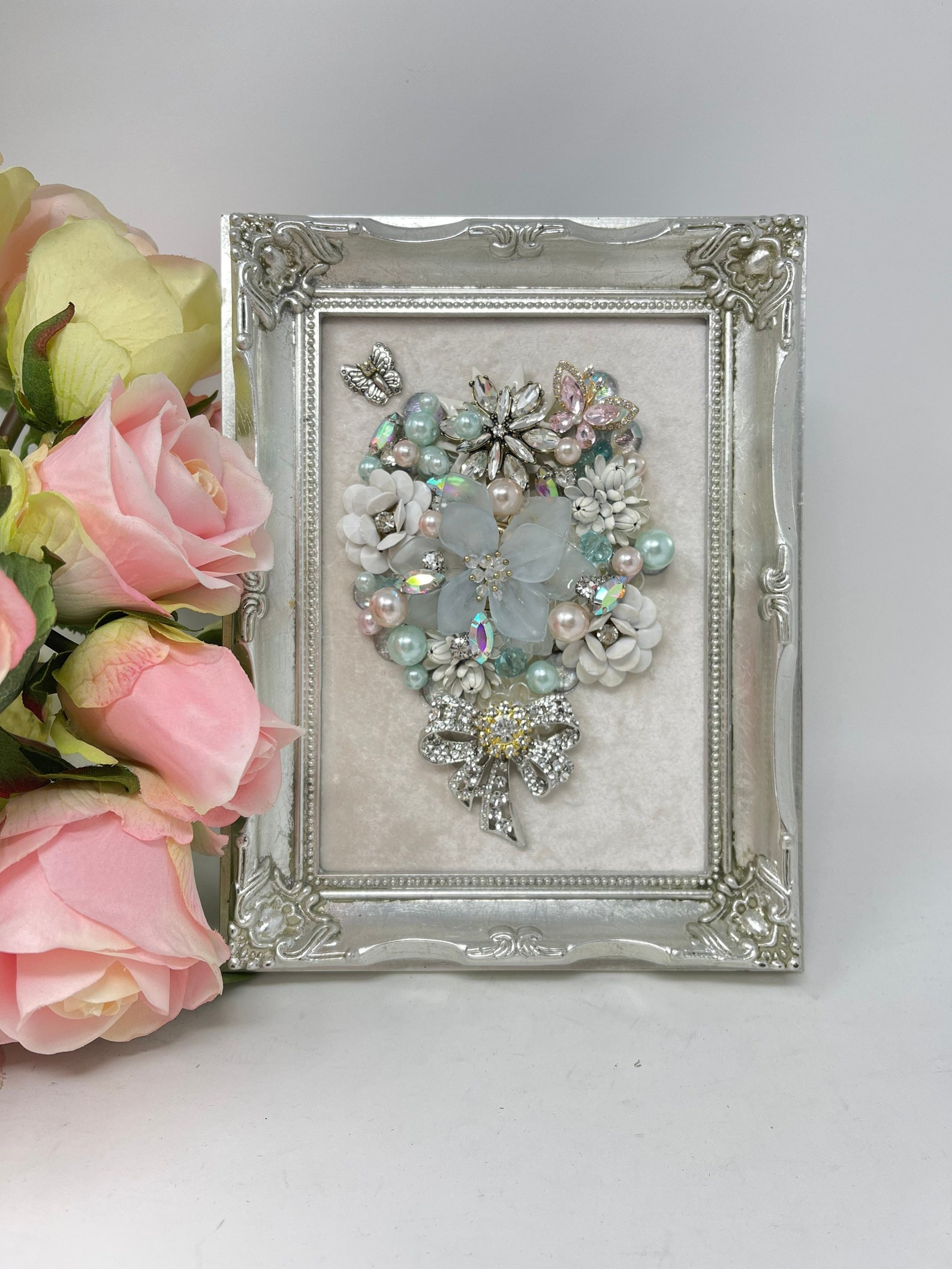 Jeweled Flower Bouquet Framed Jewelry Art Silver White Blue Etsy
