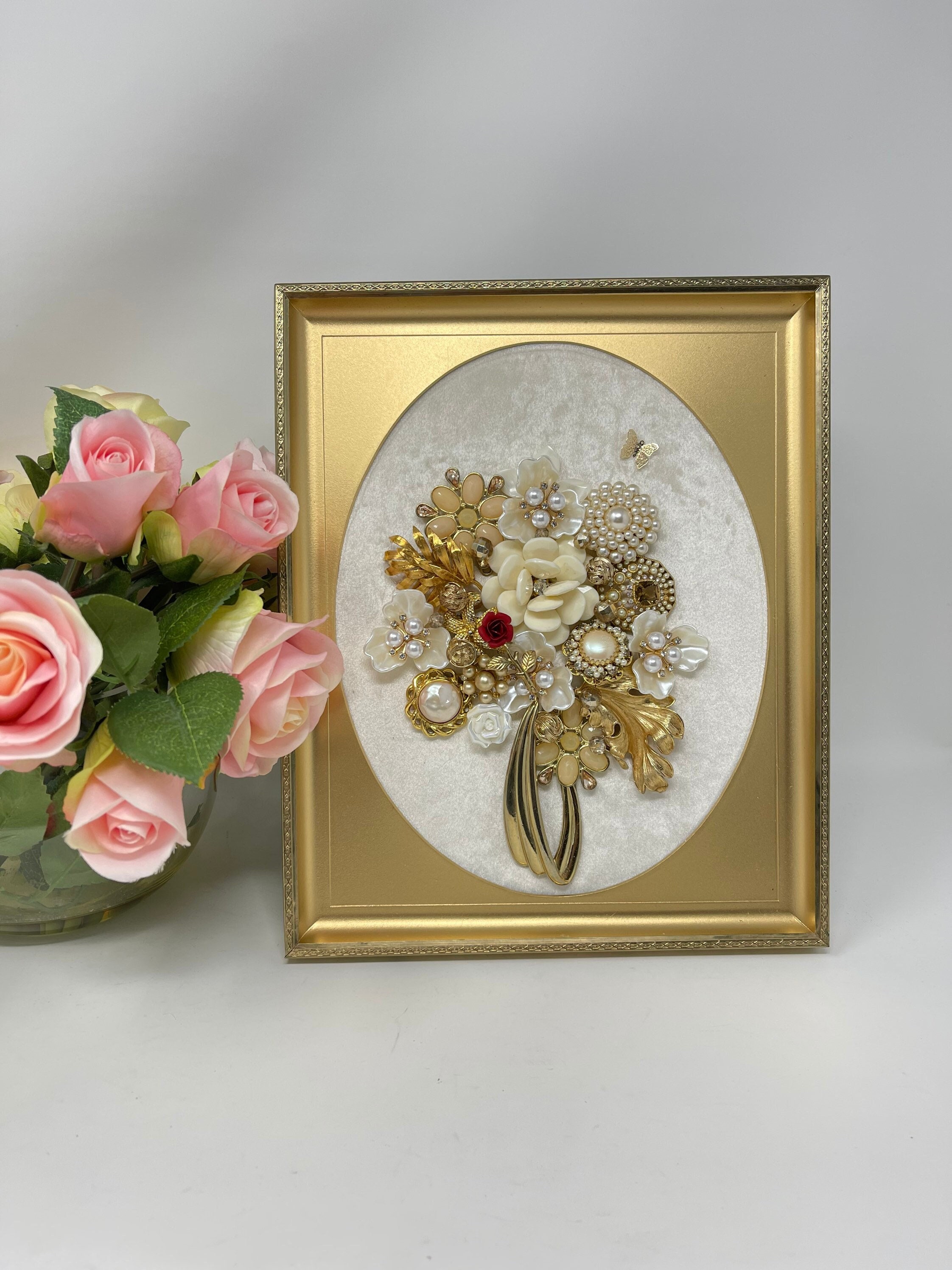Vintage Flower Bouquet Vase/framed Jewelry Art/ Ornate Gold - Etsy