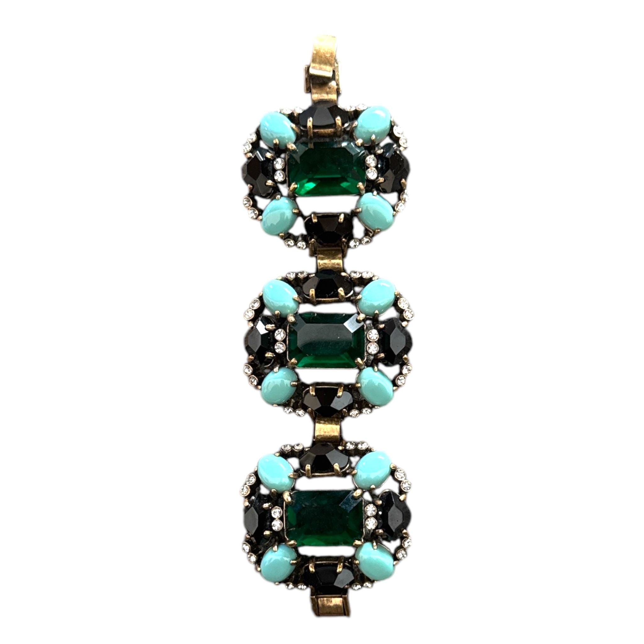 J. Crew Gold-Tone Statement Bracelet: Green & Turquoise Stone, Vintage Charm