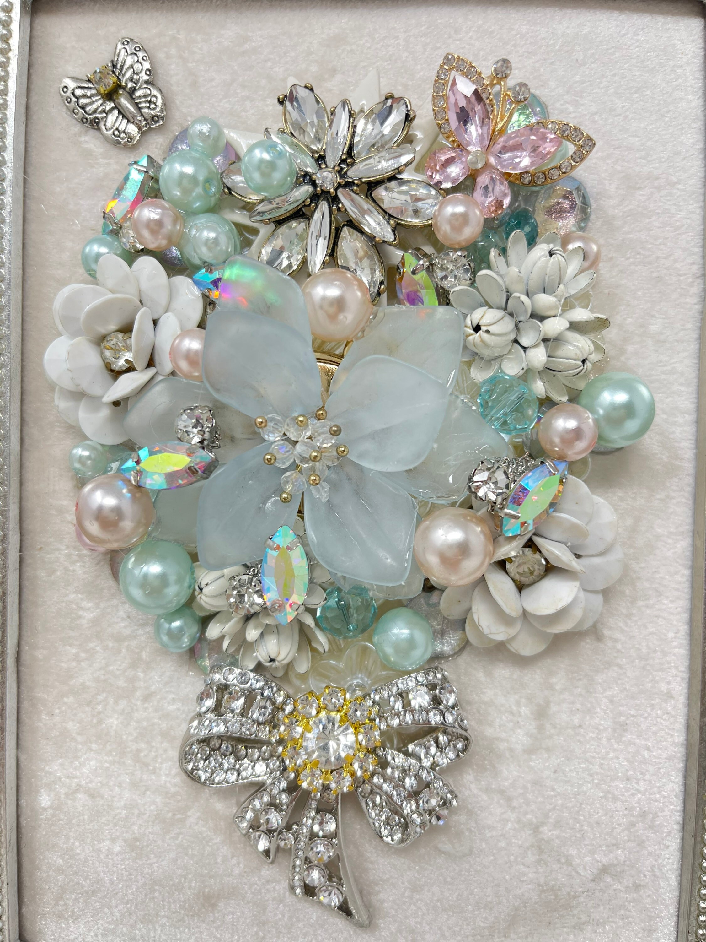 Jeweled Flower Bouquet Framed Jewelry Art Silver White Blue Etsy