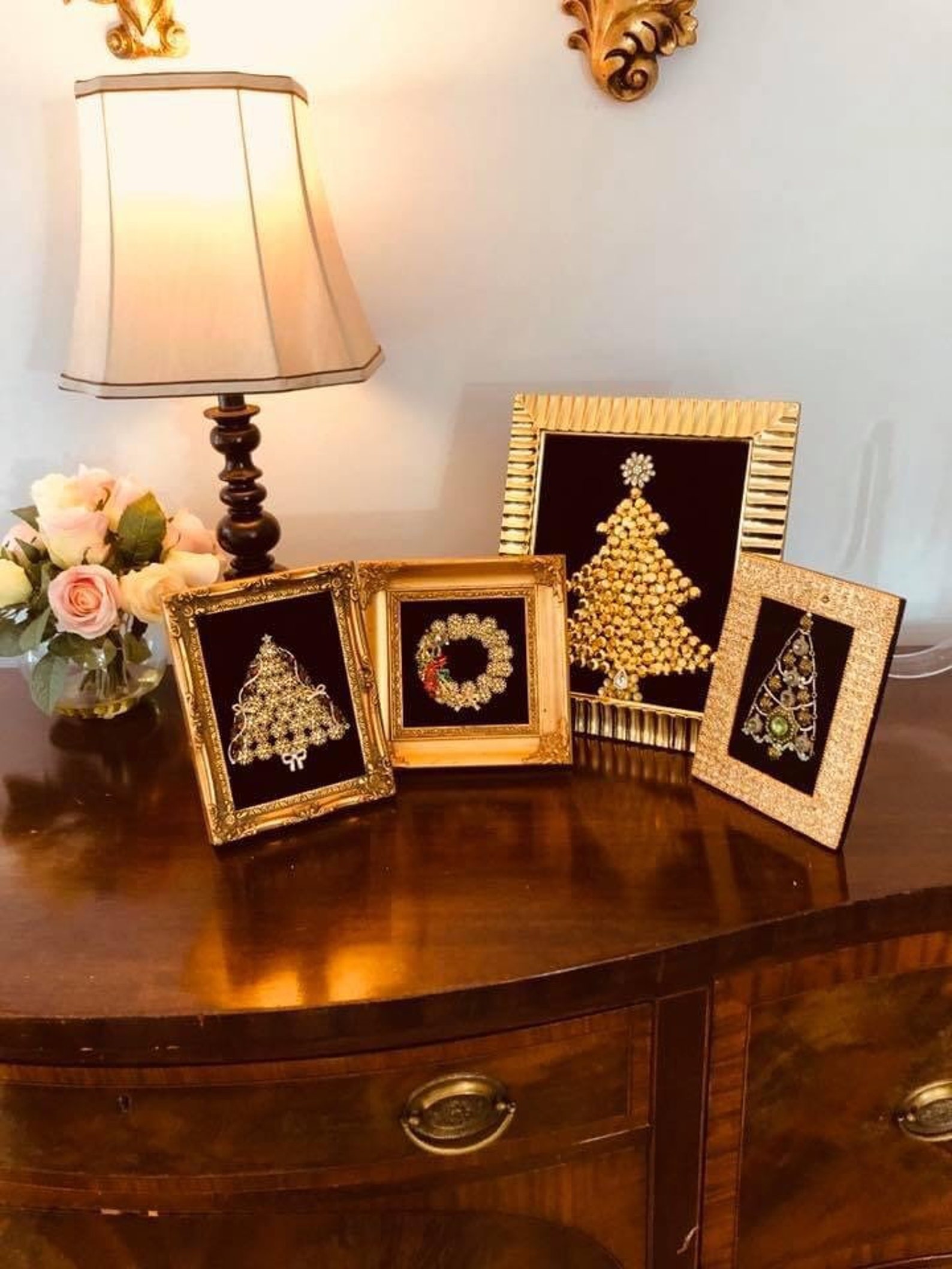 Jeweled Vintage Christmas Tree Jewelry Art Framed Etsy