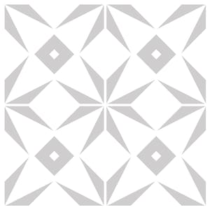 Op de afbeelding: Een naadloos patroon met een geometrisch ontwerp met grijze sterren en diamanten op een witte achtergrond.