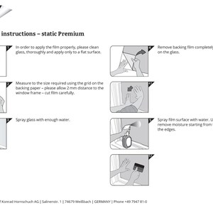 Pu&ograve; includere: Un'illustrazione in bianco e nero che mostra le istruzioni passo passo per applicare la pellicola adesiva statica per finestre. Le istruzioni includono la pulizia del vetro, la misurazione della pellicola, la spruzzatura del vetro con acqua e l'utilizzo di una spatola per rimuovere l'acqua.