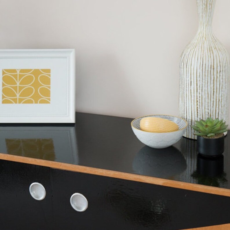 K&ouml;nnte beinhalten: Ein schwarzer lackierter Schrank mit zwei silbernen Kn&ouml;pfen. Ein wei&szlig;er Bilderrahmen mit einem gelben Blumendesign steht auf dem Schrank. Eine kleine wei&szlig;e Schale mit einem gelben Objekt darin und eine kleine Topfpflanze mit einer Sukkulente stehen ebenfalls auf dem Schrank.