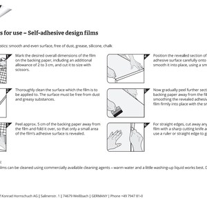 May include: Instructions for applying self-adhesive design films. The steps are illustrated with drawings showing how to measure, cut, clean, and apply the film to a surface. The instructions also include care instructions for cleaning the film.