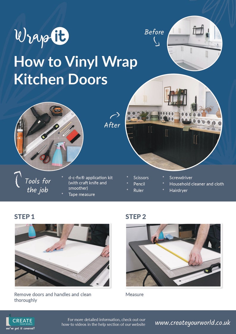 K&ouml;nnte beinhalten: Eine Schritt-f&uuml;r-Schritt-Anleitung zum Verkleiden von K&uuml;chent&uuml;ren mit Vinyl. Das Bild zeigt Vorher- und Nachher-Fotos von K&uuml;chenschr&auml;nken sowie eine Liste der f&uuml;r das Projekt ben&ouml;tigten Werkzeuge, darunter ein d-c-fix-Anwendungsset, eine Schere, ein Bleistift, ein Lineal, ein Schraubendreher, Haushaltsreiniger und ein Tuch sowie ein Haartrockner. Das Bild zeigt auch zwei Schritte: T&uuml;ren und Griffe entfernen und gr&uuml;ndlich reinigen sowie die T&uuml;ren ausmessen.