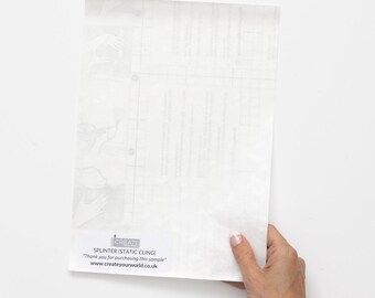 Könnte beinhalten: Eine weiße Folie aus statischem Haftfilm für Fenster mit einem Rastermuster. Die Folie ist mit "Splinter (Static Cling)" beschriftet und enthält den Text "Vielen Dank für den Kauf dieses Musters" und "www.createyourworld.co.uk".