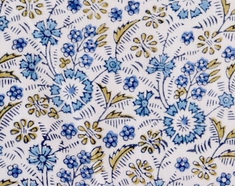 Hand Block Print Cotton Fabric, by the Half Yard, Vintage Style Blue and White Small Floral Design