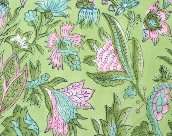 Hand Block Print Cotton Fabric, by the Half Yard, Spring Green with Pink Flowers