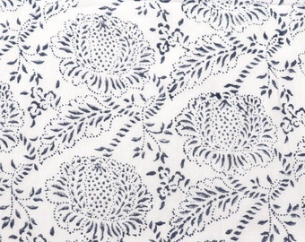 Hand Block Print Fabric, Cotton Voile by the Half Yard, White with Large Navy Blue Roses