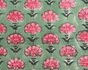 Hand Block Print Cotton Fabric, by the Half Yard, Small Dianthus Flowers Pink and Green