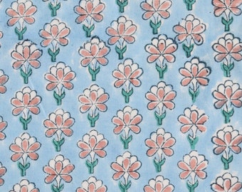 Hand Block Print Cotton Fabric, by the Half Yard, Blue with Tiny Pink Flower Buds