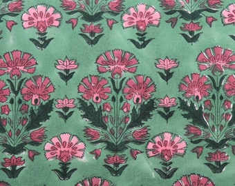Hand Block Print Cotton Fabric, by the Half Yard, Pink Carnation Flowers on Deep Green