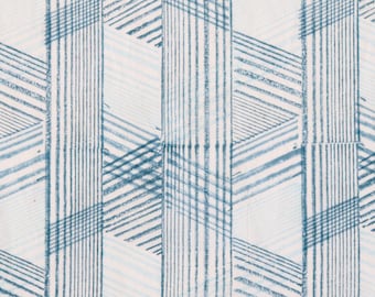 Hand Block Print Cotton Fabric, by the Half Yard, Blue Stripes and Diagonal Lines on White