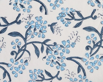 Hand Block Print Cotton Fabric, by the Half Yard, Blue Flowering Sprigs