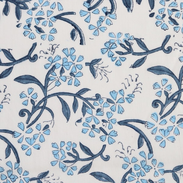 Hand Block Print Cotton Fabric, by the Half Yard, Blue Flowering Sprigs