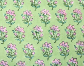 Hand Block Print Cotton Fabric, by the Half Yard, Spring Green with Pretty Pink Sprigs