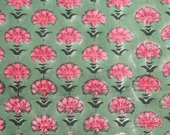 Hand Block Print Cotton Fabric, Pink Dianthus Flowers on Green, by the Half Yard