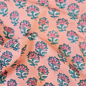 Hand Block Print Cotton Fabric, by the Half Yard, Bright Pink and Blue Small Flowers